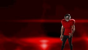 Animation of american football player in helmet pointing with ball over glowing red background. sports and competition concept digitally generated video.