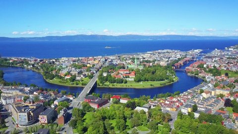 Nidelva river and Trondheim city aerial panoramic view. Trondheim is the third most populous municipality in Norway.