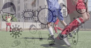Animation of covid 19 icons over two teams of male football players during game on pitch. fitness, sport and competition concept digitally generated video.