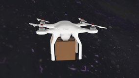 Animation of drone carrying cardboard box over scope scanning on black background. global technology, networking and digital interface concept digitally generated video.