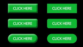 Green Click Here buttons of different shapes with click animation. Rectangle, a rectangle with rounded corners. Call to action. Buttons on a transparent background with an alpha channel. - Powered by Shutterstock - Get 15% off with code: PIKWIZARD15