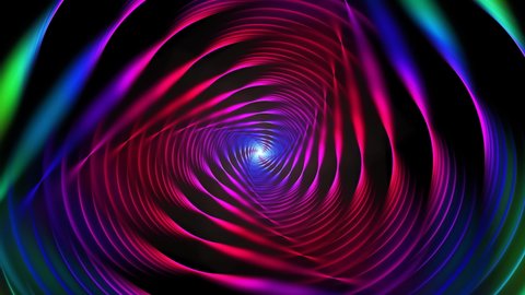 Colorful curve line particles revolving around centre, rotating, morphing, transforming to spectrum tunnel. Abstract bright fractal shapes spin, whirlpool on black background. 4K UHD  