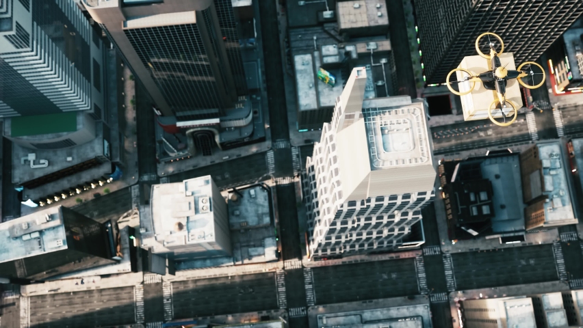Drone is delivering the package above the city. Drone flying over city, delivering postal package. 3d visualization | Shutterstock HD Video #1071873979