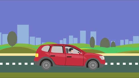 Red jeep car animation driving on the road on green background. Flat 2d animation Travel Concept 4k
