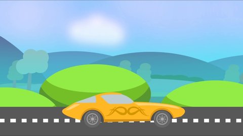 Yellow color stylish car animation driving on the road on the green hilly Background.Flat 2d animation Travel Concept 4k