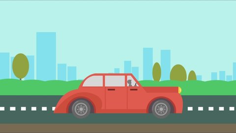 stylish red Car animation driving on the road on green background. Flat 2d animation Travel Concept 4k