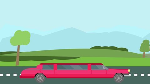 Long Car animation riding on the road through green hilly Background. Flat 2d animation Travel Concept 4k