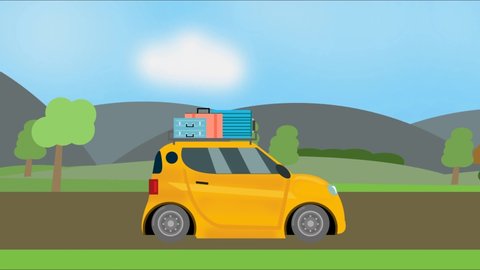Small family Car animation with luggage on roof and riding on the through green hilly Background Flat 2d animation Travel Concept 4k