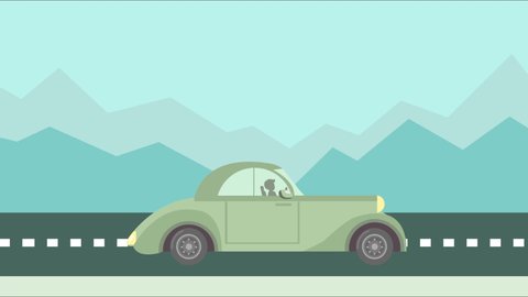 Vintage Car animation driving on the road through mountains Background. Flat 2d animation Travel Concept 4k