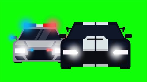 Cop car is chasing an intruder car. Animation video clip with green screen background.