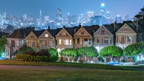 San Francisco Painted Ladies and Downtown Skyline Pan L Night Time Lapse California USA