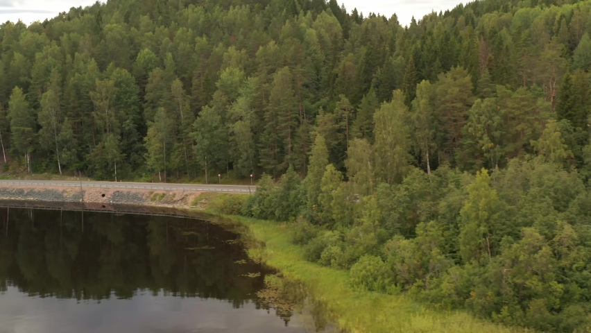 Gray car drives along the road along the lake