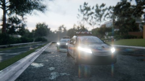 Police cars arrived on call to the scene of the crime. Scene with police cars parked on wet asphalt in an foggy morning. The animation is for criminal, news or police backgrounds.