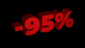 95 percent OFF. Red 3D text looped animation with a ninety-five percent discount for the sale. 4K motion with alfa-channel