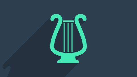 Turquoise Ancient Greek lyre icon isolated on blue background. Classical music instrument, orhestra string acoustic element. 4K Video motion graphic animation.