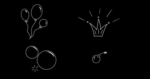 Set of Hand-drawn LOOP Animation Elements in a kids style: shining crown, flying baloons, bursting soap bubbles and exploding bomb. Doodle style on transparent background. Alpha channel.