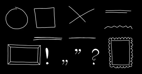 Set of Hand-drawn LOOP Animation Elements: Frames, Underlines, Quotation marks, Question and Exclamation mark, Text Highlighters in doodle style on transparent background. Alpha channel.