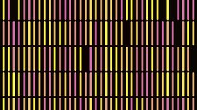 Abstract pink and yellow vertical same size segments flowing bottom up on black background, seamless loop. Animation. Colorful lines resembling a simple video game interface.