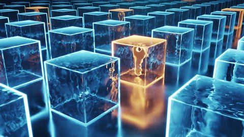 The cube keeping golden key inside futuristic information technology computer, Internet security and blockchain technology concept.