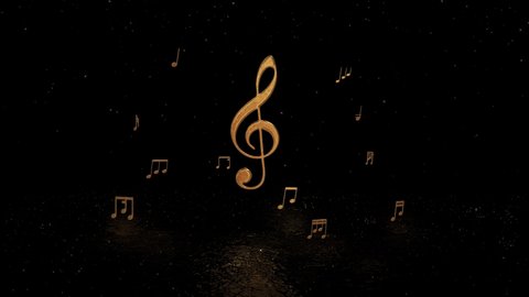 3d gold music notes animation footage,music concept wallpaper,golden particles rain drops on a dark floor,dark background