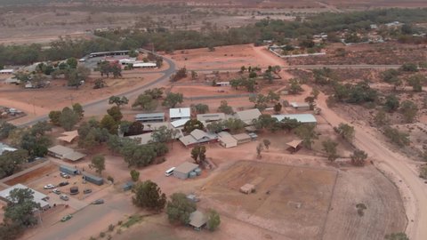 Rural School building in a remote Australian town in the Outback desert of Australia (drone areial view over Menindee town)