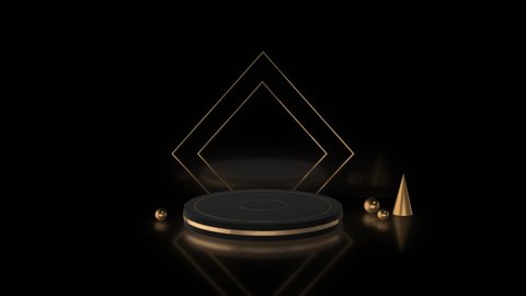 3d stage for product presentation, golden shapes and glass objects on a reflective floor, stage podium award ceremony pedestal ,dark background