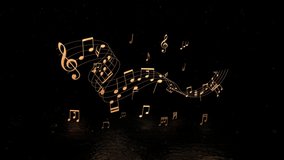 3d gold music notes animation footage,music concept wallpaper,golden particles and notes on a dark floor,dark background - Powered by Shutterstock - Get 15% off with code: PIKWIZARD15