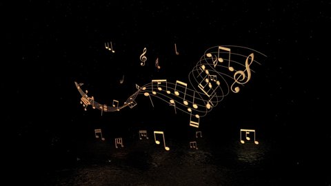 3d gold music notes animation footage,music concept wallpaper,golden particles and notes on a dark floor,dark background