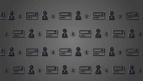  looping background of symbols moving in several rows; colored flat wallpaper of icons,gray symbols and icons for financial transactions with a client;