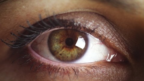 Close up shot of eye opening with beautiful green iris. Healthy eyesight concept. Front view macro green iris video in 4K.
