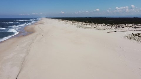 Aerial Drone Panoramic View - Dunes with Vegetation in a Beach with Golden Sand - Aveiro, Portugal