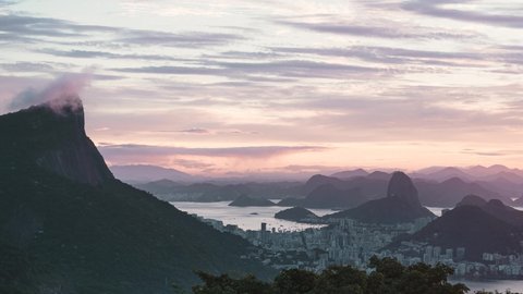 Sunrise Time Lapse Of Clouds Over Corcovado And Mountains In Rio De Janeiro, Brazil