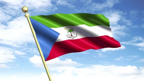 Equatorial Guinea, 3D flags of Equatorial Guinea waving in the wind and sky background