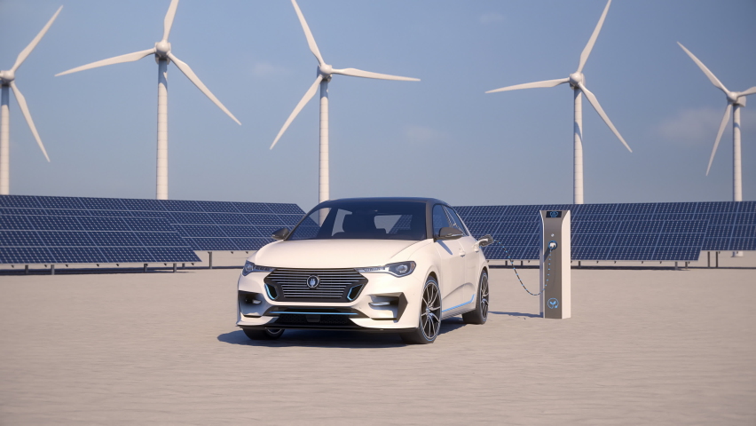 Generic electric car charging with solar panels and wind turbines in background. Green energy concept. Generic car and logo design, logo in shape of plug, no intellectual property infringement. Royalty-Free Stock Footage #1071938155