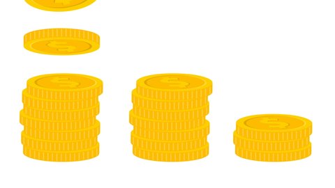 2d animation Raising of golden coins stacks on white background. Money saving and economy concept. Stack of coins. Pile of gold coins. Golden penny cash pile, treasure heap.