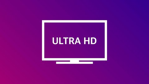 4K UHD, Quad HD, Full HD and HD resolution presentation TV nameplates of white gradient color on gradient background. TV symbols and icons. Motion graphic.