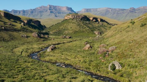 Aerial view of the Bushman's River at Giant's Castle Game Reserve, Drakensberg, KwaZulu-Nata, South Africa. Travel and Tourism
