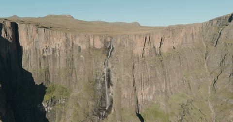 Spectacular, aerial view of the magnificent Tugela Falls, second highest waterfall in the world, Royal Natal National Park, Drakensberg, KwaZulu-Natal, South Africa. Travel and Tourism 