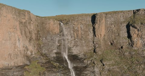 Spectacular, aerial view of the magnificent Tugela Falls, second highest waterfall in the world, Royal Natal National Park, Drakensberg, KwaZulu-Natal, South Africa. Travel and Tourism 