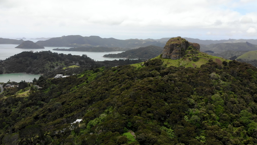 Amazing aerial wide shot of beautiful St. Pauls Rock on North Island, New Zealand.