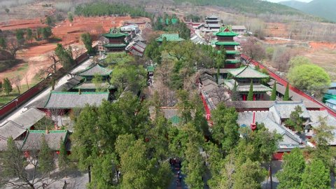 Aerial photography of Shaolin Temple, the birthplace of Chinese Kung Fu，Aerial photo of Shaolin Temple in Songshan, Henan, China