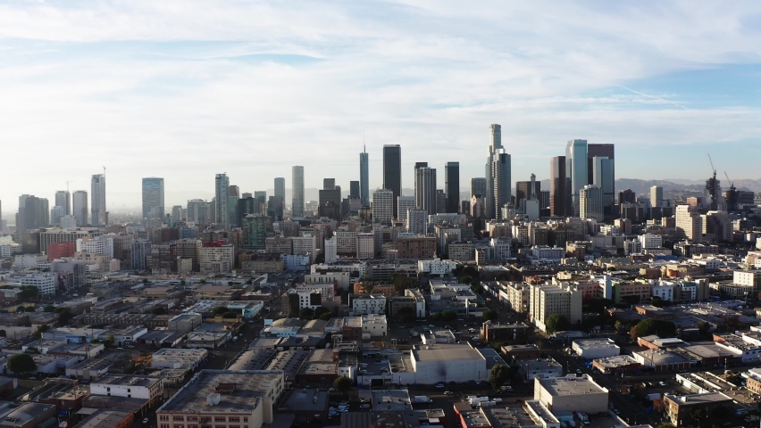 Super wide reverse aerial shot of Downtown Los Angeles skyline in 2020. 4K