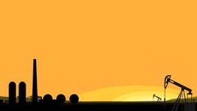 video animation with the silhouette of an oil refinery, a passing locomotive with tanks and rockers against the backdrop of sunset. mining and transportation of oil and gas