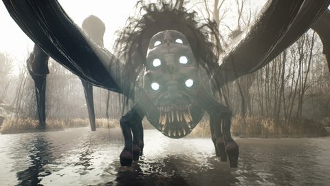 A terrible monster stands in the middle of a misty lake in a mystical deserted forest. Mystical nightmare concept. The animation for fantasy, mystical or horror backgrounds.
