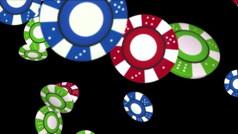 4k Poker Chips falling in slow Motion Against a black Studio Loop Background 4K 3D Alpha Green Screen loop Animation. Blackjack, Table, Gambling Chips, Jackpot, Betting, Money, Luck
