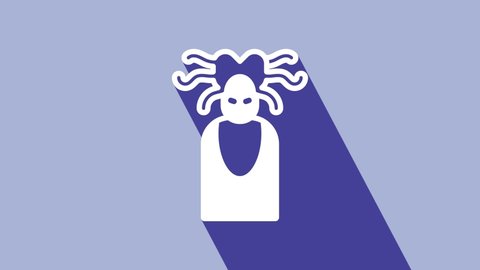White Medusa Gorgon head with snakes greek icon isolated on purple background. 4K Video motion graphic animation.