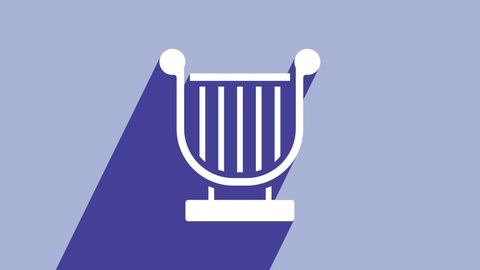 White Ancient Greek lyre icon isolated on purple background. Classical music instrument, orhestra string acoustic element. 4K Video motion graphic animation.