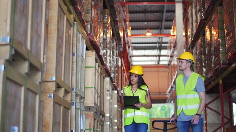Diversity male and female warehouse worker walking and working checks inventory storage box on pallet in distribution fulfillment center. eCommerce business and freight transportation logistic concept Adlı Stok Video