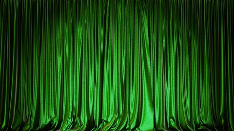 Realistic 3D animation of the green metallic textured and glittering show stage curtain rendered in UHD with alpha matte