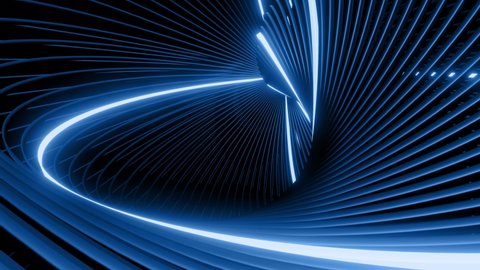 abstract geometric looped bg with rings form complex twisted spiral and light effects. Rings flash neon blue lights. Neon ring bulbs for show or events, festivals or concerts, vj night clubs.
